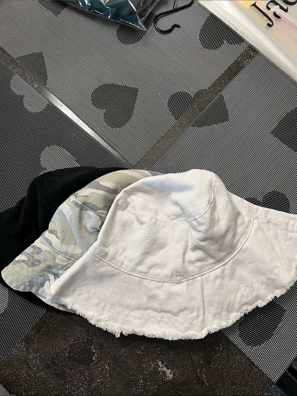 Bucket Hats (3) - White, Camo/Beige, Black (camo is reversible)